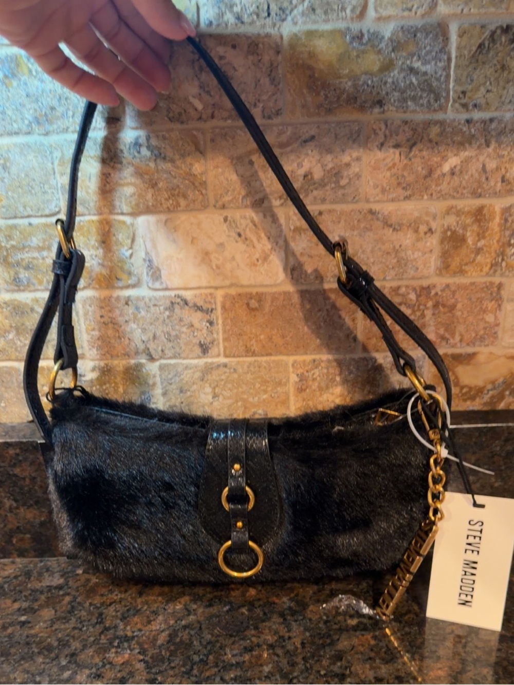 Steve Madden Black Faux Fur Shoulder Bag with Gold Hardware